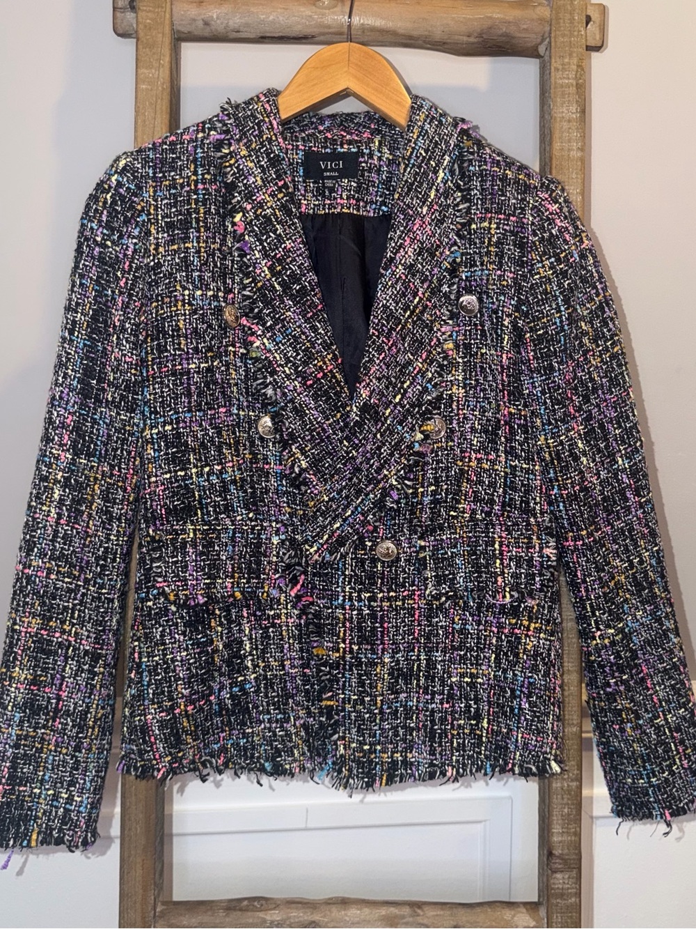 Vici multi-colored fringe raw edge double breasted tweed blazer Size Small